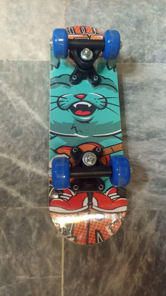 Small Size Kids Skateboard – Colorful Graphic Design with Blue Wheels