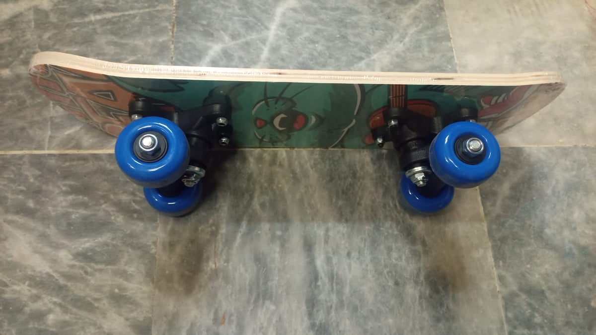 Small Size Kids Skateboard – Colorful Graphic Design with Blue Wheels